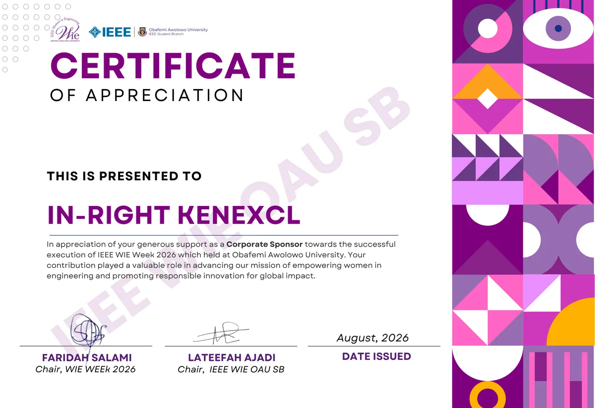Certificate of Appreciation from IEEE WIE OAU SB, presented to In-Right as Corporate Sponsor of IEEE WIE Week 2026 at Obafemi Awolowo University, issued August 2026.